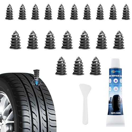 Carrep Tire Repair Rubber Nails Plug Kit, Flat Tire Plug Kit 2 Sizes Screw in Tire Repair Plugs, Fast Self-Service Tire Repair Tools First Aid Kit - Portable for Roadside Emergencies (10S+10L+1X10ML)