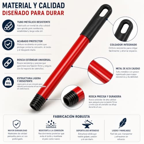 Miniatura 6 de Cablepelado Palo Universal Madera Cepillo Barrer Fregona Palo De Metal Mango De Madera Para Escoba Sujeción De Rosca Robusto Y Resistente Limpieza Hogar Madera 120 Cm Rojo