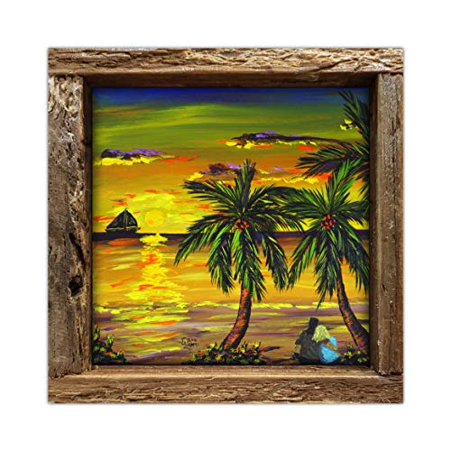Lover's at Sunset | Original Art Print on a 4.25 x 4.25 Glossy Ceramic Tile Framed in Lobster Trap Frame