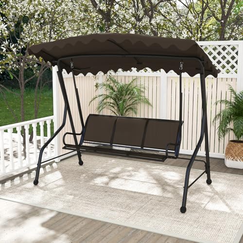 Image of Tangkula 3 Person Porch Swing, Patio Swing with Adjustable Canopy, Heavy-Duty Metal Frame & Breathable Seat, Outdoor Metal Swing for Backyard, Poolside, Balcony, Garden, 1000 lbs Max Load (Brown)