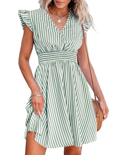 CUPSHE Damen-Minikleid, gestreift, V-Ausschnitt, Flatterärmel, gesmokte Taille, A-Linie, lässige Sommerkleider, Grün / gestreift, XXL
