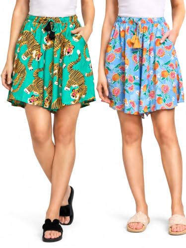 Image of B STORIES Women's Viscose Printed Lounge Culotte Shorts (Pack of 2)