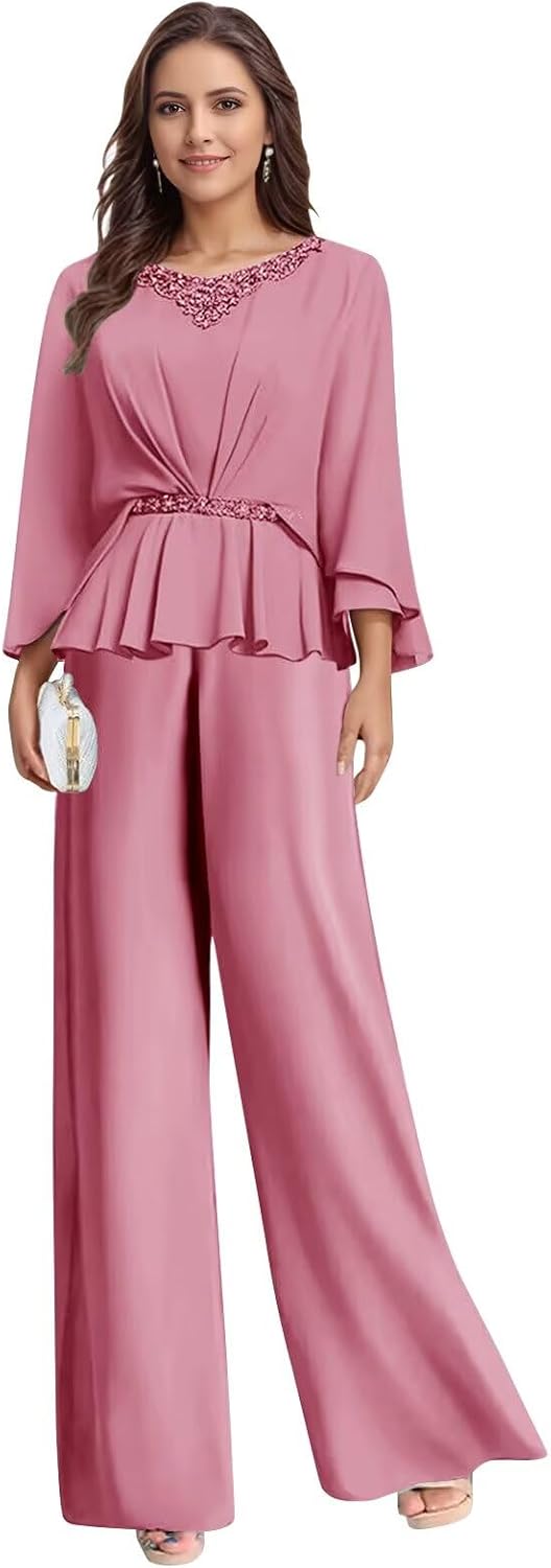 Elegant Chiffon Mother of The Bride Pantsuit for Wedding Women's 2 Pieces Beaded Formal Pant Suits