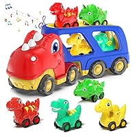 Toddler Car Toy for 2 3 4 5 Years Old, Dinosaur Transport Carrier Truck with 4 Pack Small Pull Back Dino Car, Friction Power Vehicle Christmas Birthday Gift for 18M+ Kids Boys Girls