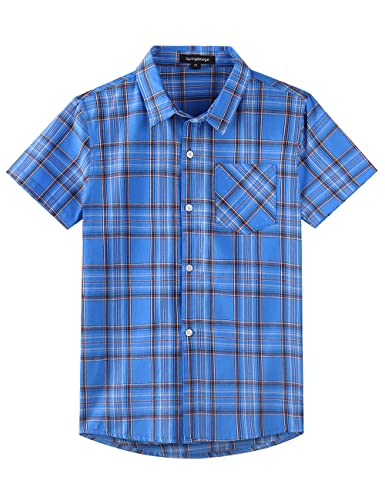 Spring&Gege Jungen Kurzarm Karo Hemd, Plaid Knopf Unten Hemd für Kinder, Blau, 140-146/9-10 Jahre