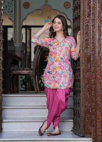 Image of Floral Print Cotton Kurta and Dhoti Set for Women Designer