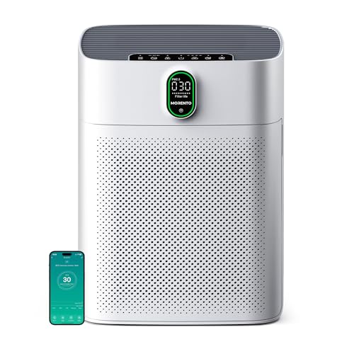 MORENTO Smart Air Purifier for home Large Rooms up to 1076 ft², Wi-Fi and Alexa compatible, PM2.5 Air Quality Display, Auto Mode, Quiet Mode 24dB, HEPA Filter Removes Dust, Pollen, Smoke (Wh