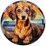 5D Diamond Art Painting Kits Stained Glass Brown Dachshund Circle Shape Full Drill Round Beads Diamond Art Gems Painting by Number Kits Dog Memorial Wall Decoration 16x16inch(1)