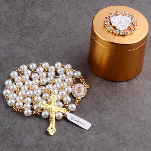 HanlinCC Glass Pearl Beads Our Lady of Guadalupe Catholic Rosary Neckalce with Titanium Steel Rose Flower Diamond Gift Box (Gold White) - Thumbnail 2