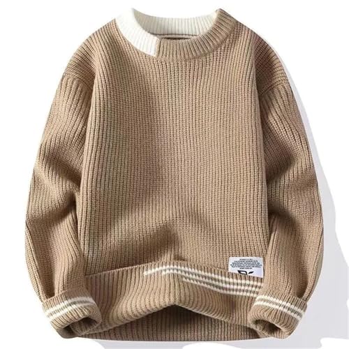 Mens Preppy Style Plus Fleece Thicken Round Neck Sweater Thermal Chic Loose Winter Panelled Knitted Pullovers4