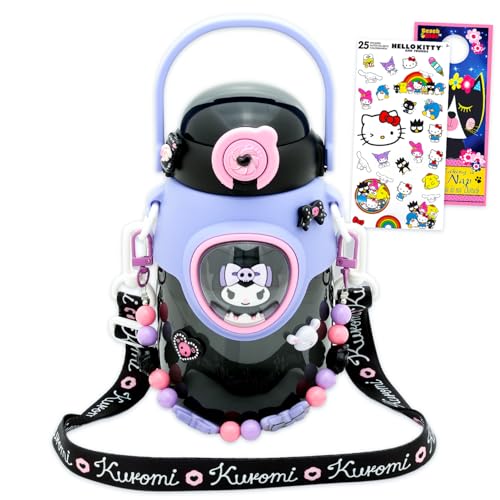 SANRIO Kuromi Water Bottle for Girls - Bundle with 16 Oz Kuromi Drinking Cup with Straw and Carrying Strap for Home School Sports Plus Stickers Double Cover Reusable Water Bottle