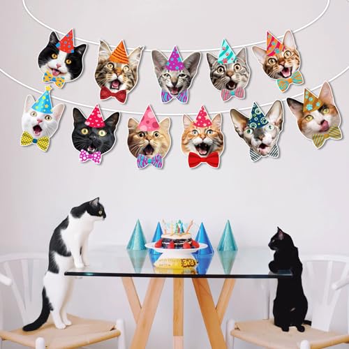 Image of Cat Faces Birthday Banner, Photographic Kittens Garland Party Decor | garland with 12 real photo cat face pennants, pre-strung; reusable cardstock; funny decor for cat lover parties