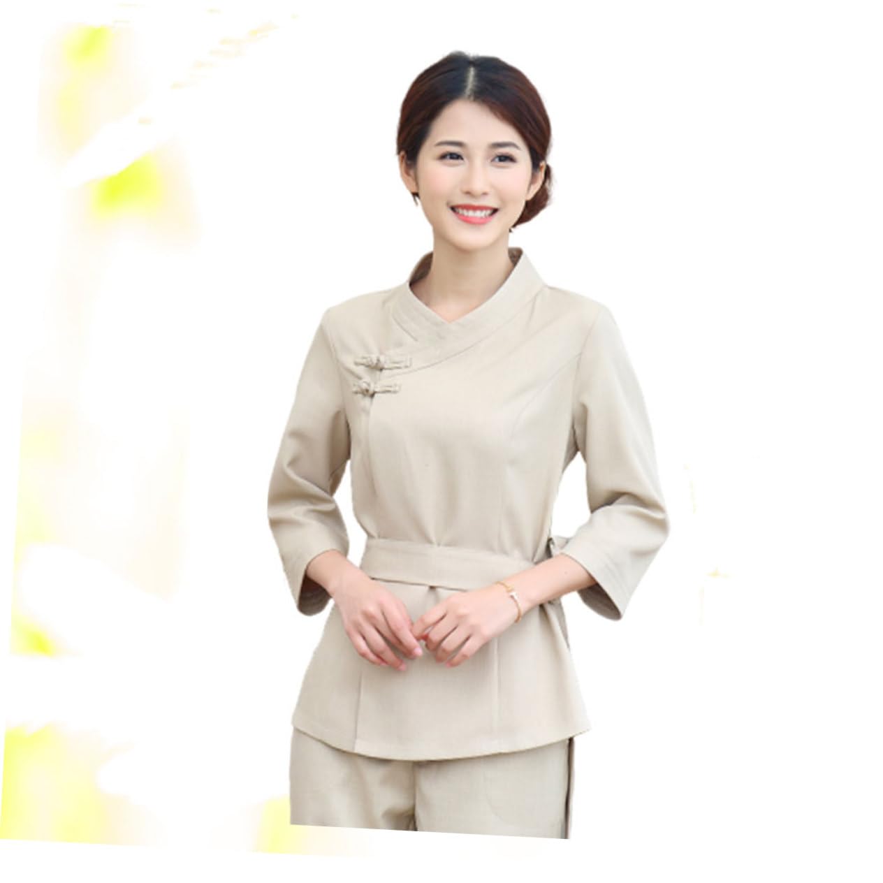 UKCOCO Combinaison de Technicienne en Esthétique Beige Confortable Ceinture Réglable, en Polyester et Spandex, pour Salon Spa et Travail Professionnel