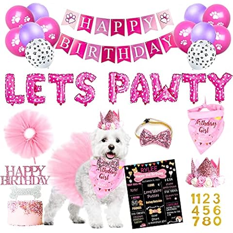 Dog Birthday Party Supplies, Dog Birthday Decorations Girl, Lets Pawty Balloons Banner, Hat Bandana Tutu Skirt for Small Medium Girl Dogs Cover