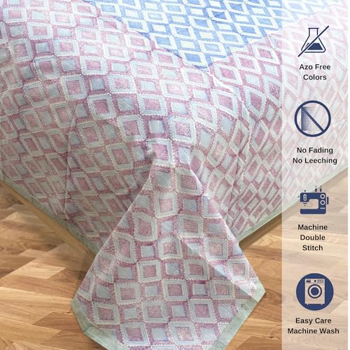Image of TOAI Hand Block Printed Jaipuri Bedsheet | Bed Sheet Flatsheet | Pure Cotton | Single Size 60 inchx90 inch | 300 TC Bedsheets | Includes 1 Pillow Cover |Vintage Lines Checks |Blue Pink