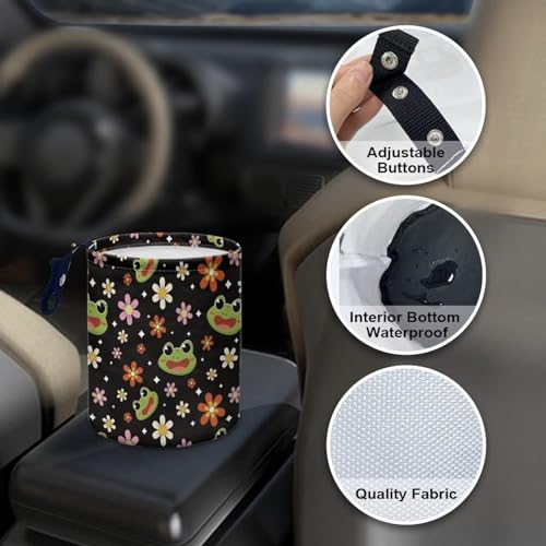 Image of Cute Frog Flowers Car Trash Can Portable Car Garbage Bin Easy to Clean Collapsible Multipurpose Waste Basket Bin Car Accessories Interior Universal
