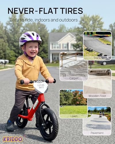 Image of KRIDDO Toddler Balance Bike 2 Year Old, Age 18 Months to 5 Years Old, 12 Inch Push Bicycle with Customize Plate (3 Sets of Stickers Included), Steady Balancing, Gift Bike for 2-3 Boys Girls, Red