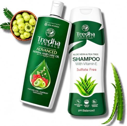 Tredha Advanced Herbal Hair Oil 100ml + Aloe Vera & Tea Tree Anti-Dandruff Shampoo 100ml | Hair Growth & Anti Hair Fall Combo for Men & Women | Controls Frizz & Dryness | Sulphate & Paraben Free Care | Helps Delay Premature Greying