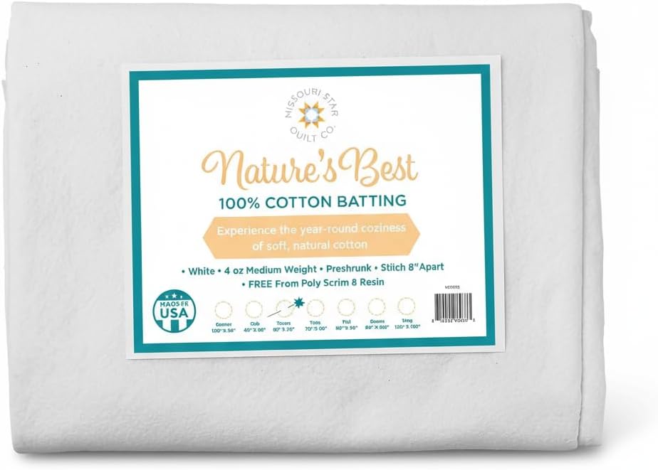Missouri Star Nature’s Best 100% Cotton Throw Batting – White, 60" x 60", Natural Quilt Batting for Throws, Lap Quilts, Crafts & Sewing – Soft, Breathable & Made in USA