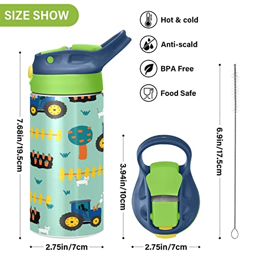 Mchiver Tractors Carrots Fence Cats Kids Water Bottle With Straw Insulated Stainless Steel Kids Water Bottle Thermos For School Boys Girls Reusable Tumbler 12 Oz / 350 Ml Green Top #TOP2