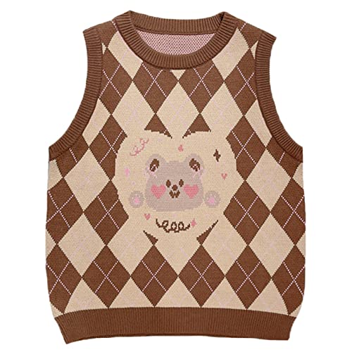 Pull mignon pour adolescentes - Imprimé dessin animé japonais - Col rond - Sans manches - En tricot, marron, Taille Unique Cover