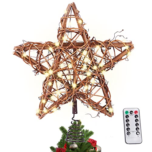Yicyc Rattan Natural Christmas Star Tree Topper, Lighted Up Christmas Tree Topper With 8 Light Adjustment Modes 50 Led Usb Powered Remote String Lights For Xmas Treetop Decorations #TOP24