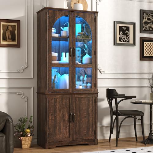 Image of chartustriable 75 inch Tall Farmhouse Kitchen Pantry Cabinet with LED Lights,Wood Storage Cabinet w Arched Glass Doors,Pantry Organizers and Storage,Rustic Wood Cupboard for Kitchen,Dining Room(Brown)