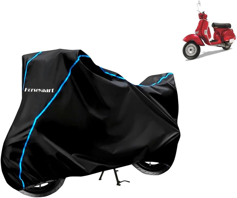 Bike Cover Water Resistant Compatible with LML Star Euro 200 Bike Cover with Elastic and Belt Bukle Lock with Stripe Piping Design (Black and Blue)
