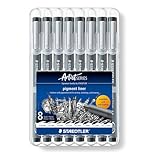 Staedtler Pigment Liner, Feutres de dessin à encre pigmentée noire infalsifiable, Étui chevalet avec 8 feutres différents assortis, 308 SB8