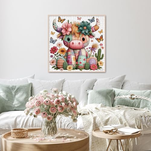 Highland Cow Flower Puzzle para Adultos 1000 Piezas, Rompecabezas Patchwork de Colcha, Rompecabezas de Mariposas Coloridas miniatura 6