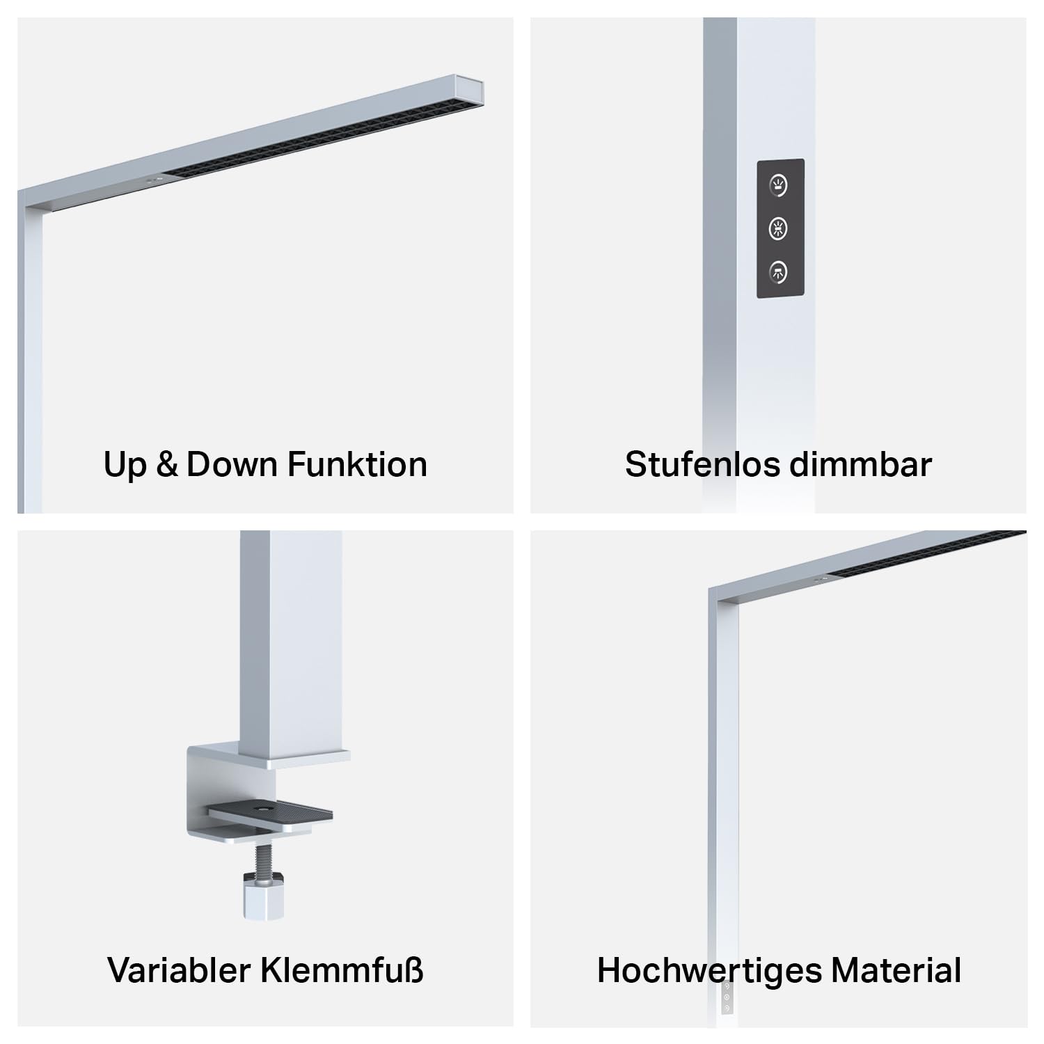 NCC-Licht LED Schreibtischlampe Anbauleuchte Linus Silber 80W Up & Down 9600 Lumen, neutralweißes & blendfreies Licht, stufenlos dimmbar, mit Bewegungsmelder & Tageslichtsensor