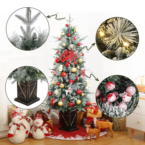 GAOMON 4.5ft Christmas Tree with 100 Multicolor Led Lights, Pre-Lit Snow Flocked Christmas Tree with X Shape Potted Base, Holiday Xmas Tree with Red Berries, Festival Decoration for Home, Entrances