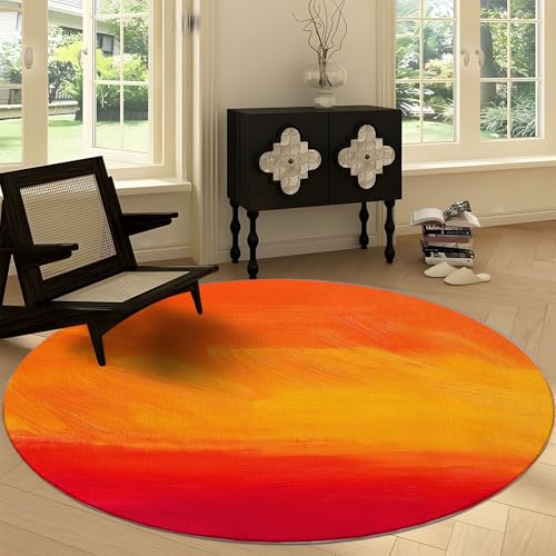 Tapis rond salon 160 cm art abstrait, tapis de sol décoration coucher de soleil orange dégradé...