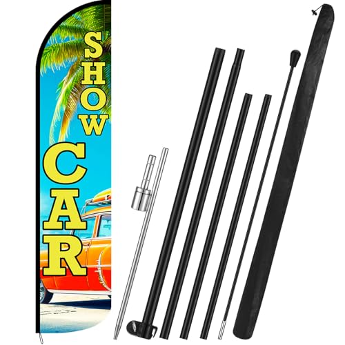 Mindsoft Car Show Feather Flag Kit with Stand 2.5ft x 15ft Windless Auto Car Show Feather Banner Flag Accessories for Exhibition Activities Outdoor Advertising Banner Flags