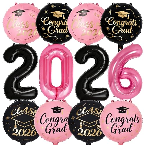 PartyWoo Graduation Balloons Class of 2026 Black Pink Gold 12pcs Balloons 40 Inch 2026 Foil Number Balloons 18 Inch Congrats Grad Mylar Balloons for Black Pink Graduation Decorations Party Supplies