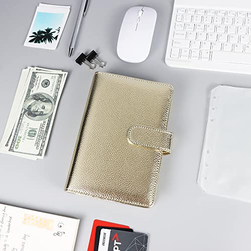 A6 Capa de fichário de couro PU dourado recarregável, 6 anéis, capa de caderno de folhas soltas com