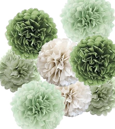 Image of Tissue Paper Pom Poms Kit Paper Flowers 12pieces for Gender Baby Shower Wedding Bridal Bachelorette Birthday Party Decorations (Sage Olive Green)