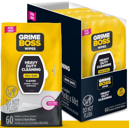 Grime Boss Heavy Duty Surface and Hand Wipes (4x60ct) | Wet Wipe Remove Paint Oil Grease Adhesives Mud Dirt | Shop Rag Replace Cleaners like Rags Towels Pumice Soap