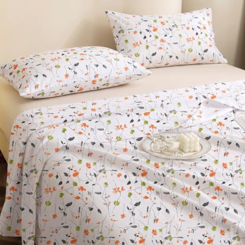 Image of IVAZA 240 TC Soft Ezyption Cotton Floral Print King Size Bedsheet - with 2 Pillow Covers, Hypoallergenic, Brethable, (Size- 90 x 90 Inch) White Orange