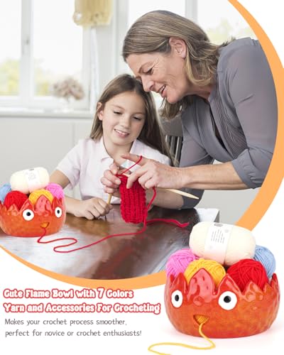 Image of Coopay Flame Yarn Bowl for Crocheting /Knitting, Cute Yarn Storage Bowl with 7PCS Yarn, Large Size Ceramic Yarn Bowl Crochet Knitting Bowl for Beginners, Great Knitting Crochet Gift (7in)