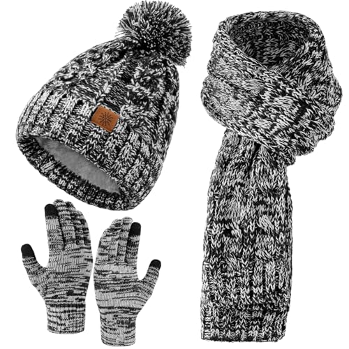Womens Winter Beanie Hat Scarf Gloves Set, Pom Beanie Warm Knit Scarf Touchscreen Gloves for Cold Weather