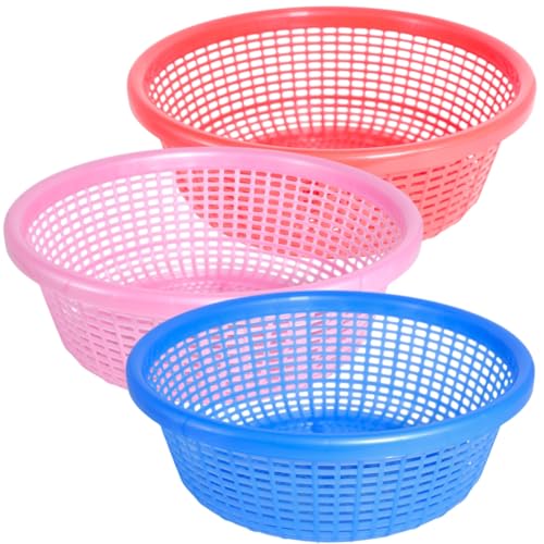 Image of Sunaira Avika Small Multipurpose Round Organizer Plastic Storage Baskets| Kitchen, Bathroom, & Home - Durable, Stackable,Strainer Tokri For Fruits, Vegetables, Toys| Set of 3 | RED PINK BLUE