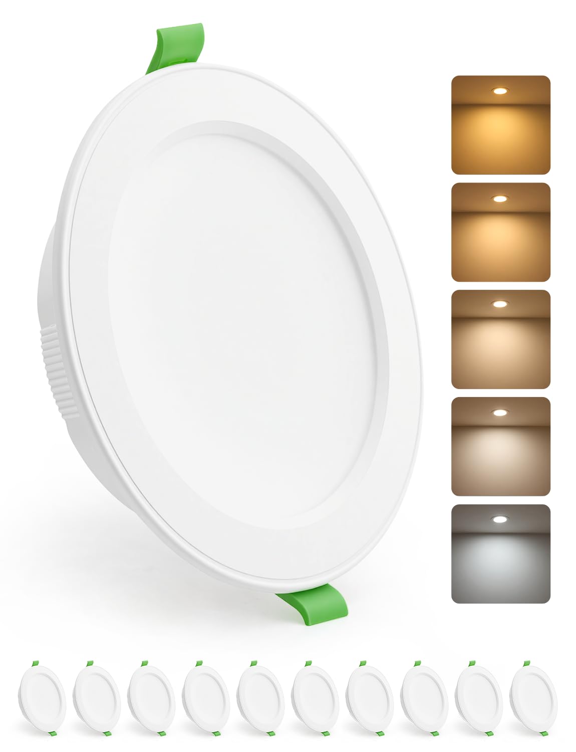 HOMEOW Downlight LED wpuszczany sufit 10 W, oczka 1100LM IP44, wewnętrzne reflektory wpuszczane sufitowe, ciepła biel, naturalna biel, zimna biel, otwór 115-130 mm, ultrapłaski 30 mm, nieściemnialny