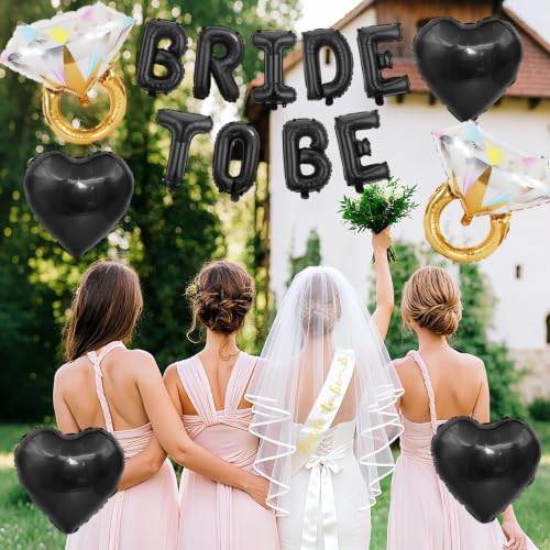 Image of Black Bachelorette Party Decorations, Black Bride to Be Banner Heart Balloons with Diamond Ring Foil Balloon, Gold Bride to Be Sash&Veil for Bachelorette Engagement Gift Bridal Shower Party Supplies