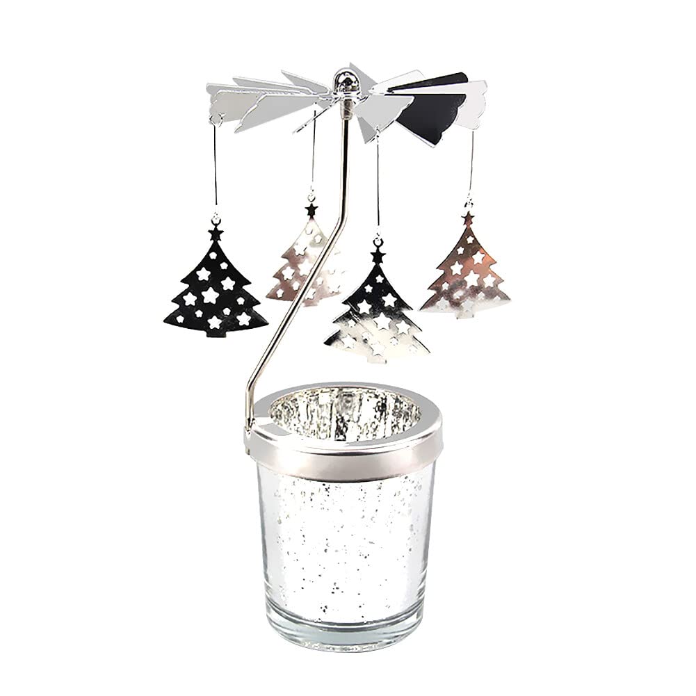 Eforcase Rotary Spinning Candle Holder, Silver Flying Christmas Tree Tea Lights Candle Ornament for Wedding Party Home Decor