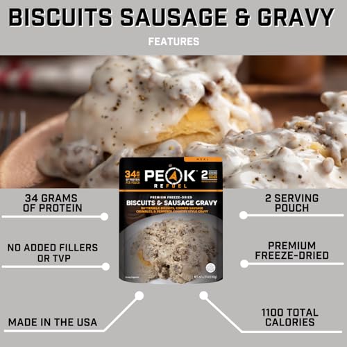 Peak-Refuel-Biscuits-and-Gravy-Premium-Freeze-Dried-Camping-Food-Backpacking-Hiking-MRE-Meals-Just-Add-Water-100-Real-Meat-34g-of-Protein-2-Serving-Pouch-2-Serving-Pouch