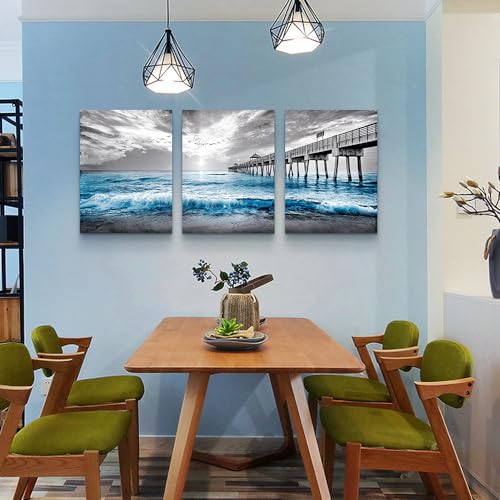 Lapremoly Black And White Beach Wall Paintings Wall Decorations For Living Room Large Canvas Wall Art For Bedroom Office Wall Decor Sea Wave Pictures Prints Artwork Modern Frame Home Decor 3 Piece