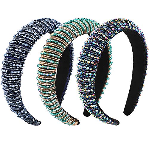 3 Pieces Rhinestone Padded Headband Wide Edge Headwear Diamond Crystal Beaded Headband Glitter Hairband Hair Accessories for Women Girls Party Supplies (Classic Colors)