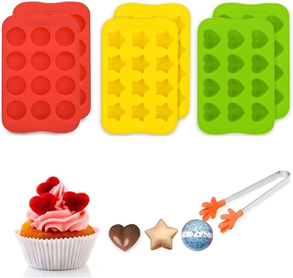 Small Novelty Silicone Molds for Candy Chocolates Gummy Cakes 6 Set - Heart, Star, Mini Cup Shaped Ice Cube Trays for Baby Food Dog Treats Bath Bomb, with 1 Bonus Food Holder Tong Gift Choice