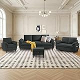 Enobala 4 PCS Convertible Sectional Sofa, Modern 3-Seat Sofa with Storage Ottoman and Chair Set, Linen Fabric Sectional Couch for Living Room Apartment (L-Shaped Sofa + Love seat+ Armchair, Black)